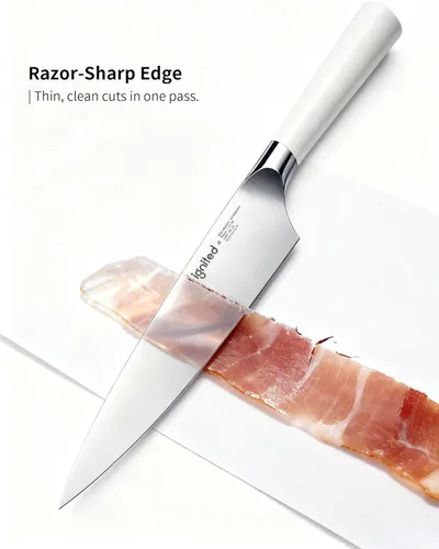 Miniatura 3 de Cuchillo de chef de 8 pulgadas, cuchillo de cocina alemán de acero inoxidable de alto carbono con mango blanco ergonómico, cuchillo de cocina