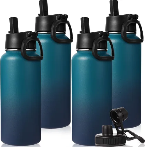 Miniatura 38 de Neihepal Botella de agua aislada de 32 onzas con 2 tapas (tapa con pajilla y boquilla), botellas de agua de doble pared de acero inoxidable 18/8