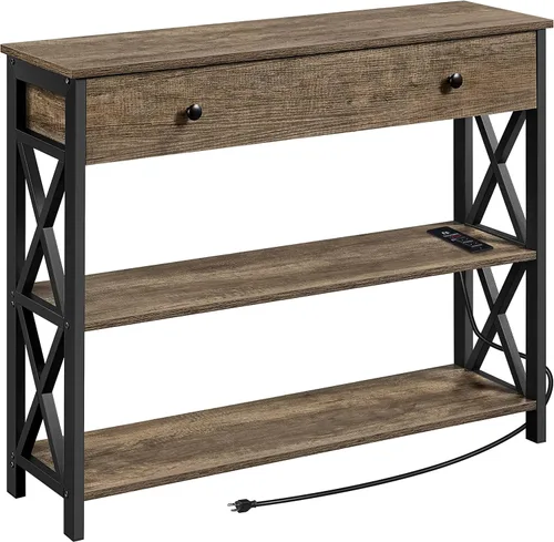 Miniatura 13 de Topeakmart Mesa consola de 40 pulgadas con 2 salidas y 2 puertos USB, mesa de entrada extra larga con cajón y diseño en forma de X, mesa de sofá Gris