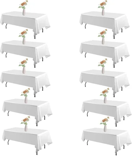 Paquete de 10 manteles rectangulares de 60 x 102 pulgadas, color blanco, de poliéster, resistentes a las arrugas, reutilizables, decorativos,