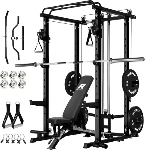 Miniatura 15 de RitFit El paquete multifunción de garaje y gimnasio en casa incluye jaula de potencia de 1200 libras PPC03/P3 con sistema de cruce de cables, banco