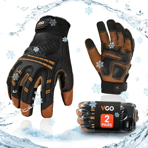 Miniatura 8 de Vgo... guantes de trabajo resistentes para hombres, de cuero de cabra, repelentes al agua, guantes de aparejador, antivibración, compatibles