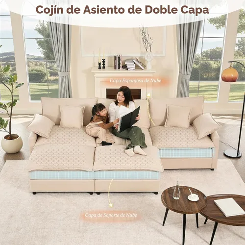 Miniatura 4 de GOSUHI - Sofá en forma de U de 108", sofá seccional modular, sofá de nube de 3 plazas con otomana móvil, sofás de asiento profundo para sala de Beige