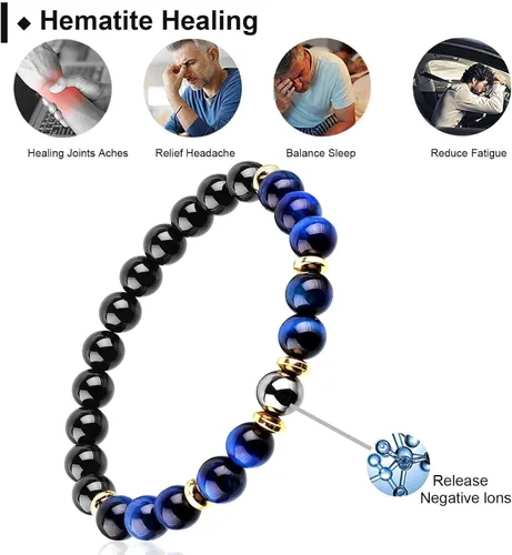 Miniatura 4 de Pulsera de triple protección de buena suerte, para hombres y mujeres, ojo de tigre azul, obsidiana negra, hematita, riqueza, prosperidad, felicidad