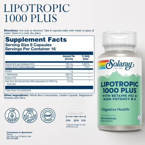 Miniatura 2 de SOLARAY Lipotropic 1000 Plus Cápsulas Vitaminas 100 Recuento