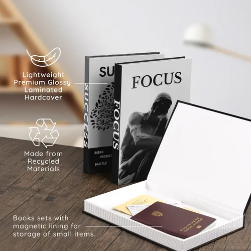 Miniatura 5 de Juego de 3 libros decorativos motivacionales para decoración moderna de escritorio en el hogar, oficina, estante estético en blanco y negro
