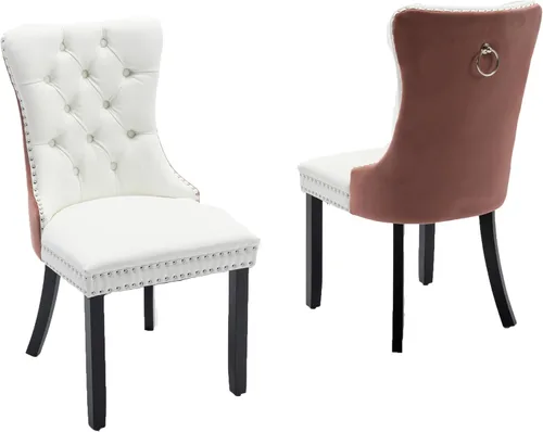 Miniatura 86 de LKTART Juego de 2 sillas de comedor de terciopelo, sillas de comedor copetudas con ribete de anillo de clavo, silla de comedor tapizada con patas