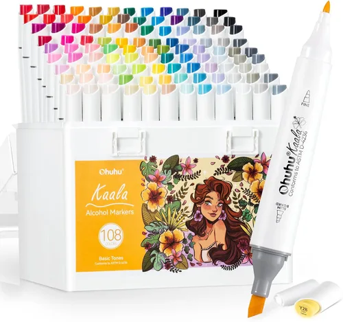 Ohuhu Marcadores de alcohol 108 colores: cincel ancho fino y delgado, doble punta, marcadores de arte recargables a base de alcohol para artistas,