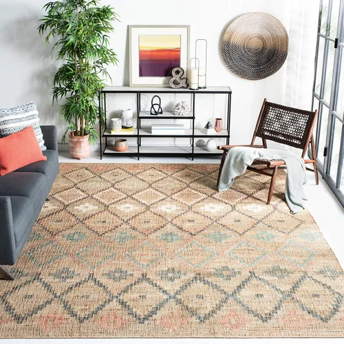 SAFAVIEH Kilim Collection - Alfombra de 8 x 10 pulgadas, grande, natural y azul, hecha a mano de yute y algodón, diseño marroquí bohemio, ideal para