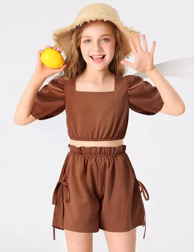 Miniatura 2 de BAVADER Conjunto de ropa para niña, 2 piezas, con cuello cuadrado, manga abombada, pantalones cortos con bolsillo con cordón para verano