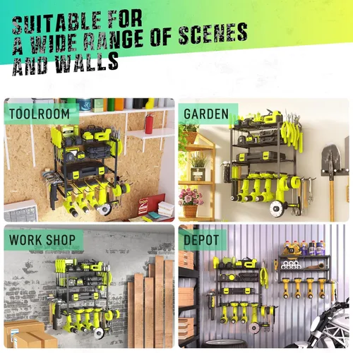 Miniatura 5 de SUNALLY Organizador de herramientas eléctricas, soporte de pared para 4 taladros, organizador de herramientas de garaje y almacenamiento con soporte