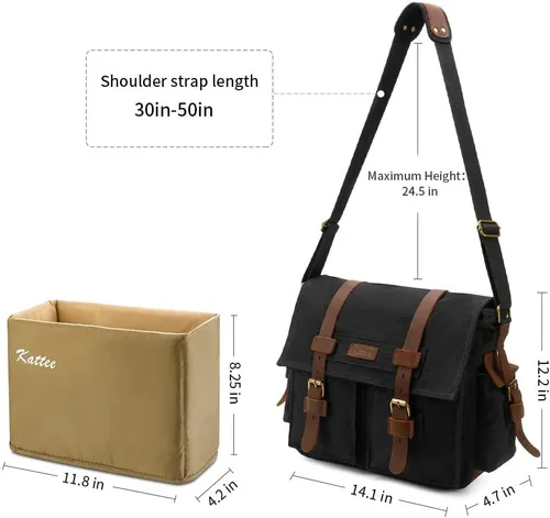 Miniatura 3 de Kattee Bolso de cuero de la cámara de la lona del bolso de la vendimia DSLR SLR Messenger Bag