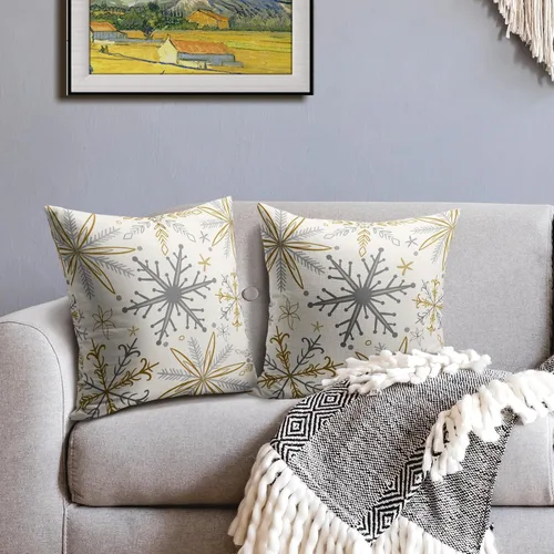 Miniatura 3 de Juego de 2 fundas de almohada de copos de nieve de invierno de 16 x 16 pulgadas, color amarillo, gris, gris, rústico, estampado navideño
