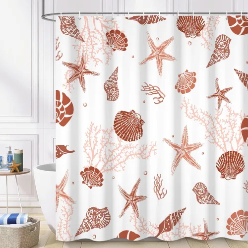Miniatura 15 de Cortina de ducha náutica costera, cortina de baño con temática de playa y océano, decoración de baño con estrella de mar, coral, concha marina, tela