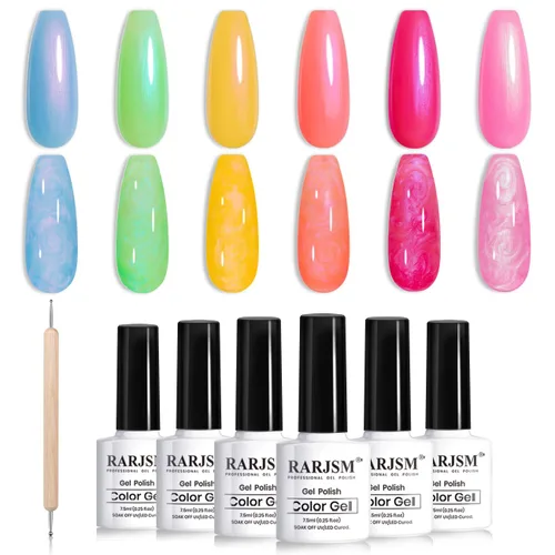 Miniatura 15 de RARJSM - Juego de esmaltes de uñas de gel perla, 6 colores: concha nacarada, purpurina, blanco, oro, rosa, verde, púrpura, con brillo de sirena
