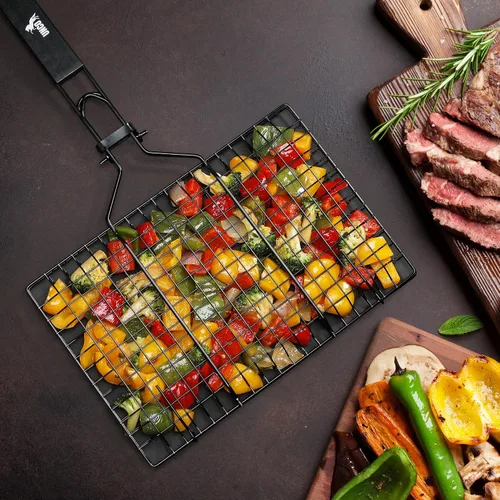 Miniatura 7 de UNCO- Cesta para parrilla de barbacoa, plegable, portátil, de acero inoxidable, con mango de madera extraíble y cepillo para untar, para verduras