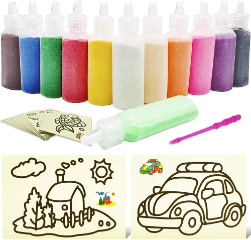Zddaoole Kit de Arena Artística de 32 Piezas - Arena Escénica de 12 Colores Con 20 Hojas de Tarjetas de Pintura de Arena Arte, Artes y Manualidades