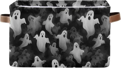 Miniatura 44 de Cesta de almacenamiento de fantasmas blanco y negro para estantes, elegante organizador de lona con asas de cuero, forro impermeable y marco rígido