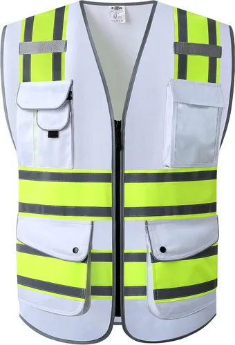 Miniatura 30 de JKSafety Chaleco de seguridad frontal con cremallera de alta visibilidad de 9 bolsillos de color dual MESH Lite Tira reflectante con ribete