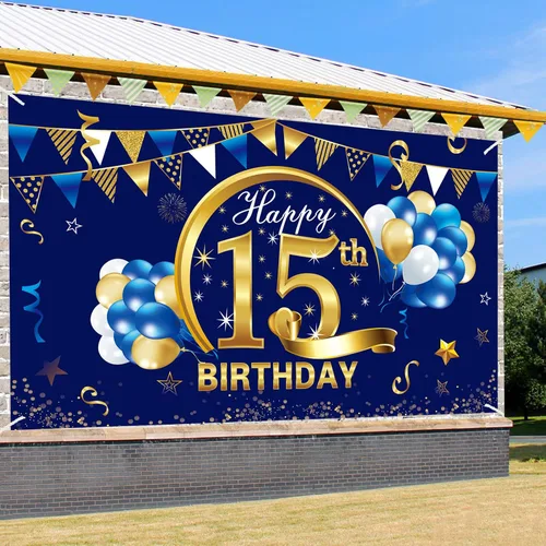 Miniatura 3 de Cartel de cumpleaños número 15 azul dorado para niños, suministros de fiesta de telón de fondo, letrero de fondo para fotos de cumpleaños de 15 años
