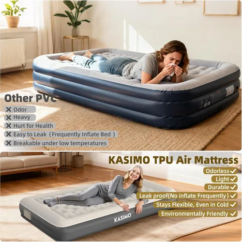 Miniatura 2 de KASIMO Colchón de aire tamaño individual con bomba extraíble de batería integrada, colchón inflable de TPU con almohada, fuerte apoyo toda la noche