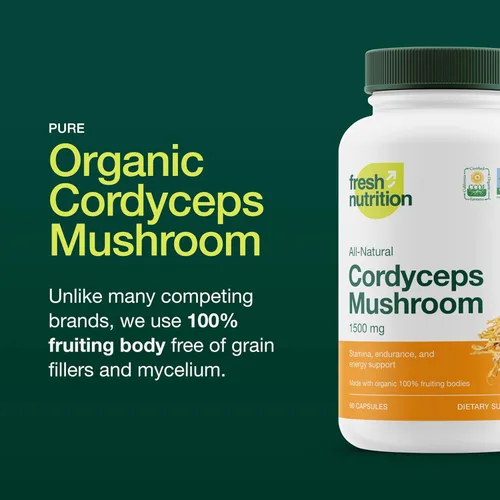 Miniatura 3 de Cápsulas Cordyceps orgánicas (extracto de hongo Cordyceps Sinensis) - 1500 mg por porción - Apoyo de energía y resistencia - Rico en alfa glucano