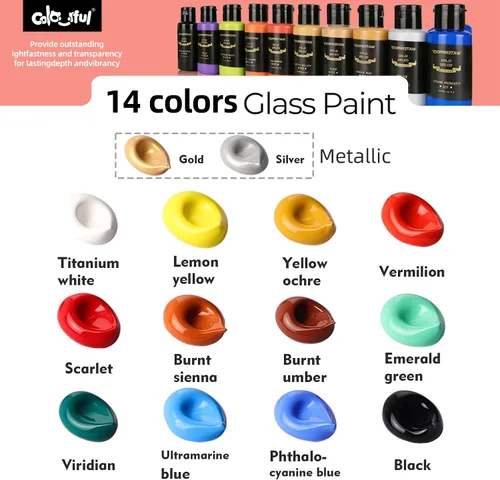 Miniatura 8 de Juego de Pintura para Vidrio de Colores de Colorful con 6 Pinceles, 1 Paleta y 1 Esponja, Kit de Pintura de Vidrio Permanente Impermeable de 14