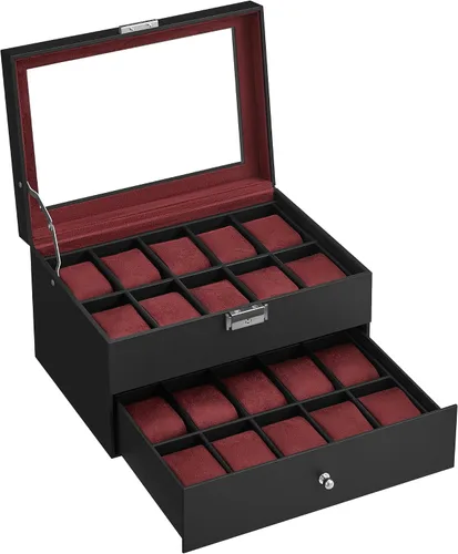 Miniatura 8 de SONGMICS Caja de reloj de 20 ranuras, caja de reloj con tapa de vidrio, 2 capas, vitrina de reloj con cerradura, cuero sintético negro, forro rojo