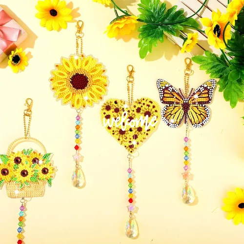 Miniatura 2 de Tradder Juego de 6 piezas de arte de diamantes de girasol, atrapasoles para adultos, campanillas de viento de girasol, adornos de mariposa de doble