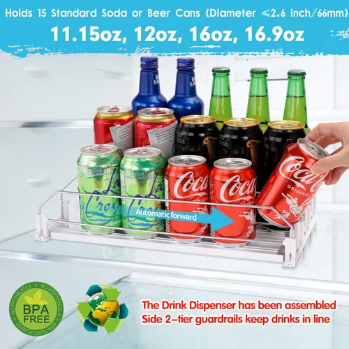 Miniatura 2 de Organizador automático de latas de refrescos, dispensador de latas para cerveza, soda, seltzer, ya montado, soporte para latas de bebidas, Blanco