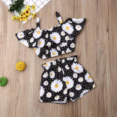 Miniatura 5 de Conjunto de 2 piezas de ropa con volantes y cuello halter floral para niños pequeños