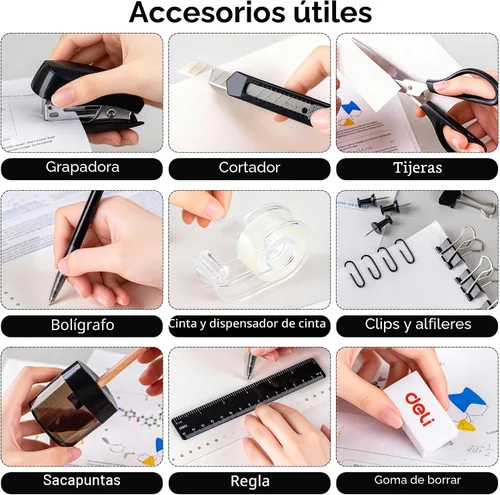 Miniatura 3 de deli Juego de suministros de oficina, 1045 piezas, kit organizador de accesorios de escritorio, juego de grapadoras, soporte giratorio