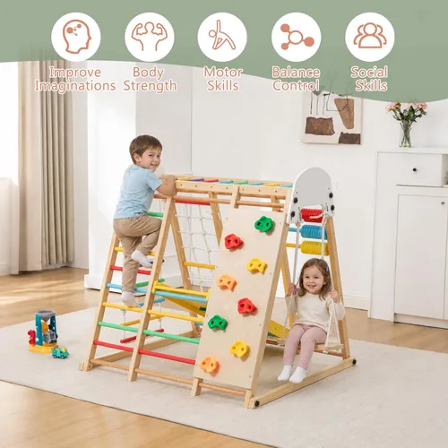 Miniatura 7 de KEIKI 9-in-1 Foldable Wooden Kids Climbing Frame with Slide Swing Monkey Bars Rock Wall Abacus, Indoor Outdoor Playground Set, Montessori Play Gym