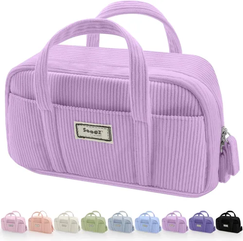 Miniatura 9 de Sooez Estuche grande para lápices, extra grande con 5 compartimentos, bolsa para bolígrafos de amplia apertura, organizador de pana suave con Beige
