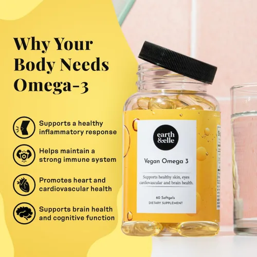 Miniatura 4 de Earth & Elle Suplemento de algas Omega 3 - Omega 3 vegano - Suplemento vegano Omega 3 con aceite de algas y DHA vegano - Ayuda a apoyar la salud