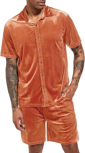 Miniatura 12 de LecGee Conjunto de pantalones cortos casuales de verano para hombre, camisa de terciopelo de manga corta con botones, pantalones cortos de cintura
