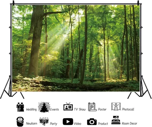 Miniatura 3 de Telón de fondo de bosque pacífico de 5 x 3 pies para fotografía, árboles verdes, fondo de sol para camping, suburbios, picnic, fiesta, decoración