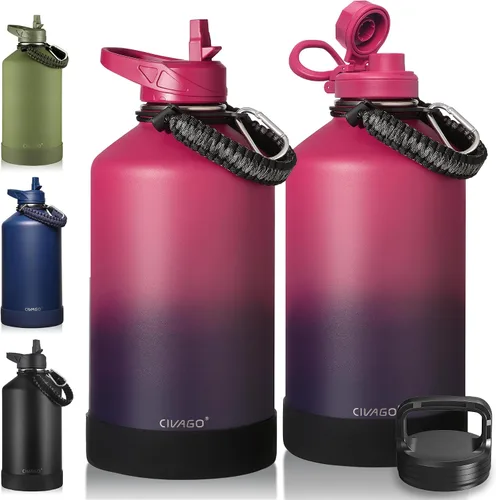 Miniatura 50 de CIVAGO Botella de agua aislada de 22 onzas con pajita, frasco de agua deportiva de acero inoxidable con 3 tapas