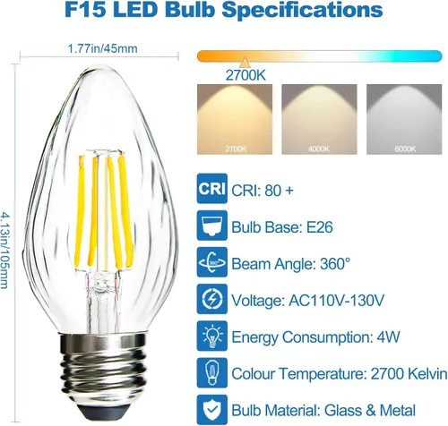 Miniatura 3 de F15 - Bombilla LED regulable de 4 W, base E26 de 2700 K, luz blanca cálida de vidrio arrugado para lámpara de techo para ventilador de techo, 2700k
