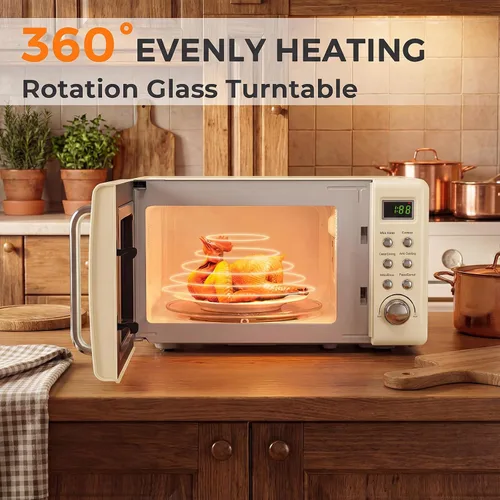 Miniatura 7 de SIMOE Horno microondas retro crema, 0.7 pies cúbicos microondas compacto de encimera, microondas pequeño de 700 W con pantalla LED, bloqueo