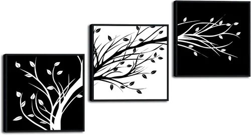Miniatura 7 de Wieco Art - Hojas enmarcadas modernas de 3 paneles, arte de flores en lienzo, impresiones en negro y blanco, árboles florales abstractos, pinturas
