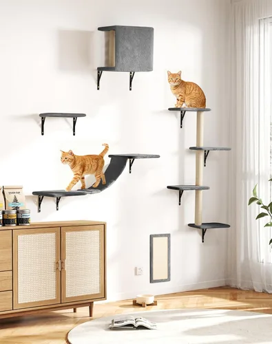 Miniatura 10 de COZIWOW Muebles para gatos montados en la pared, estantes y perchas de pared para gatos, estantes flotantes para gatos para pared, juego de 5 (beige)