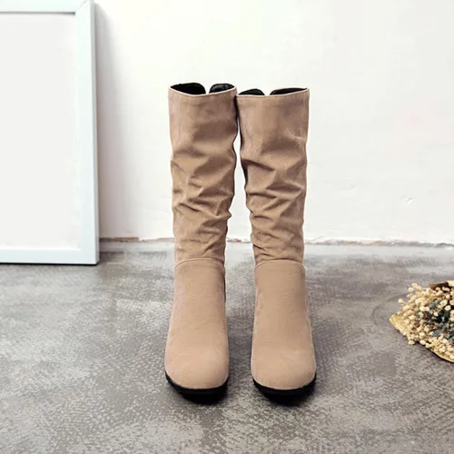 Miniatura 7 de Botas de media pantorrilla para mujer con tacón de cuña con cremallera, estilo clásico, de cuero redondo, cómodas botas vaqueras occidentales