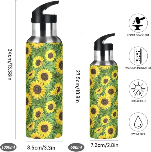 Miniatura 2 de Botella de agua aislada de 32 onzas, botellas de agua a prueba de fugas para gimnasio, viajes al aire libre, escuela, girasoles hojas verdes