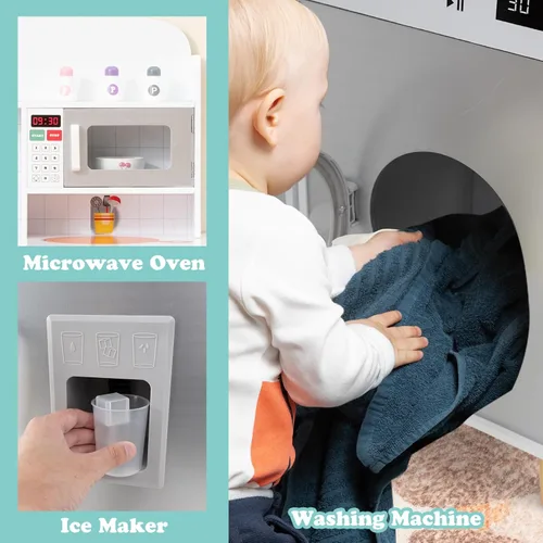 Miniatura 4 de HONEY JOY Juego de cocina para niños, 3 piezas, modular de madera de esquina, juego de cocina, refrigerador/lavadora y fregadero, campana extractora
