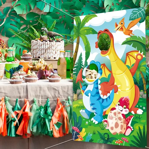 Miniatura 5 de DPKOW Accesorio para fotos de fiesta de dinosaurios para niños, divertido telón de fondo de cara en el agujero, pancarta de puerta de dinosaurio