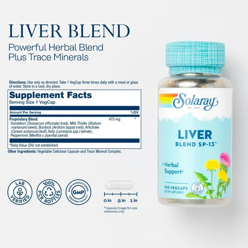 Miniatura 2 de Solaray Liver Blend SP-13, desintoxicación tradicional de limpieza hepática y soporte de reparación con cardo mariano, diente de león, bardana, hoja