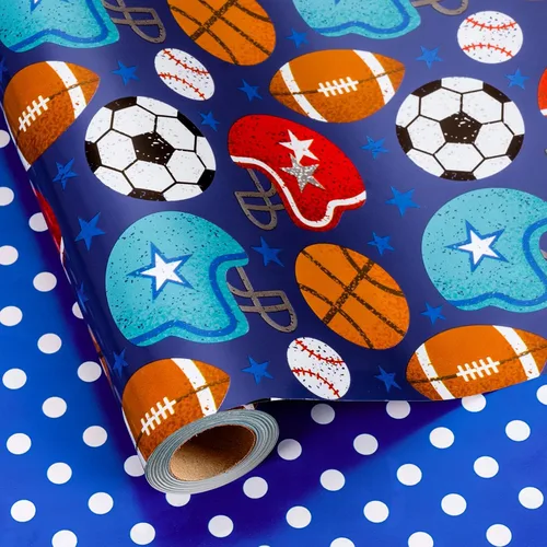Miniatura 16 de Homeral Rollo de papel de regalo azul para cumpleaños - 17 pulgadas x 16.5 pies, con letras reversibles de "Feliz Cumpleaños" y velas coloridas.