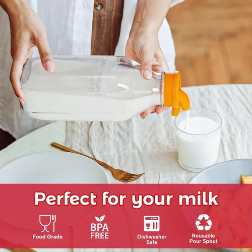Miniatura 2 de Botellas de leche de vidrio reutilizables de 32 onzas con tapa dispensadora de silicona, paquete de 2 frascos de vidrio con tapa hermética de rosca