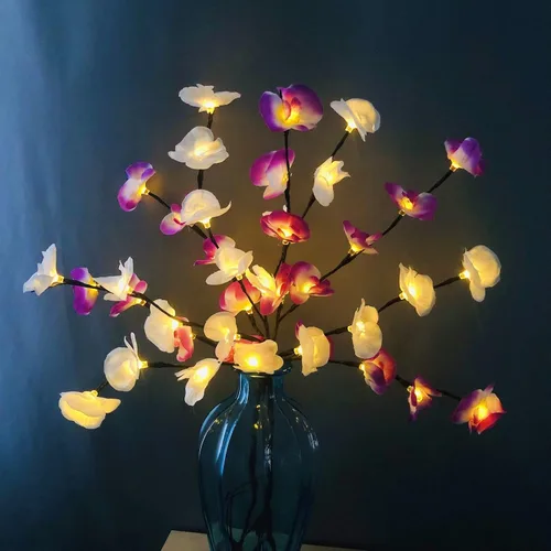 Miniatura 8 de Phalaenopsis - Paquete de 2 lámparas LED de rama de orquídea, ramo de orquídeas artificiales de mariposa, funciona con pilas, para decoración